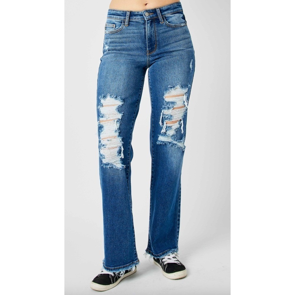 NWT Judy Blue Jeans Sz 31  Mid Rise Straight Distressed Stretchy Relaxed - Picture 2 of 13